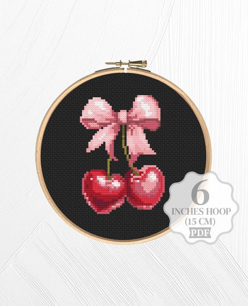 EarMakers Cute Cherry Bow Cross stitch pattern PDF, Coquette Aesthetic Trendy Small Female Girly, Spring Summer, Modern xstitch, Digital download