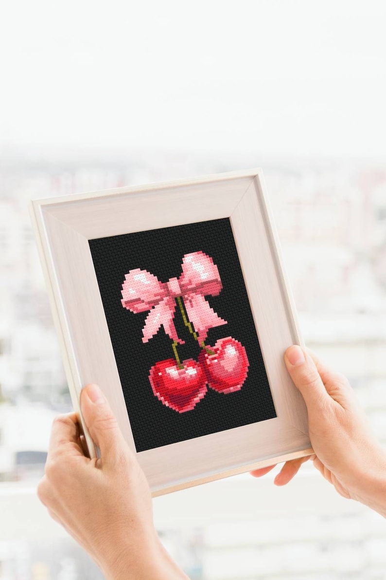 EarMakers Cute Cherry Bow Cross stitch pattern PDF, Coquette Aesthetic Trendy Small Female Girly, Spring Summer, Modern xstitch, Digital download