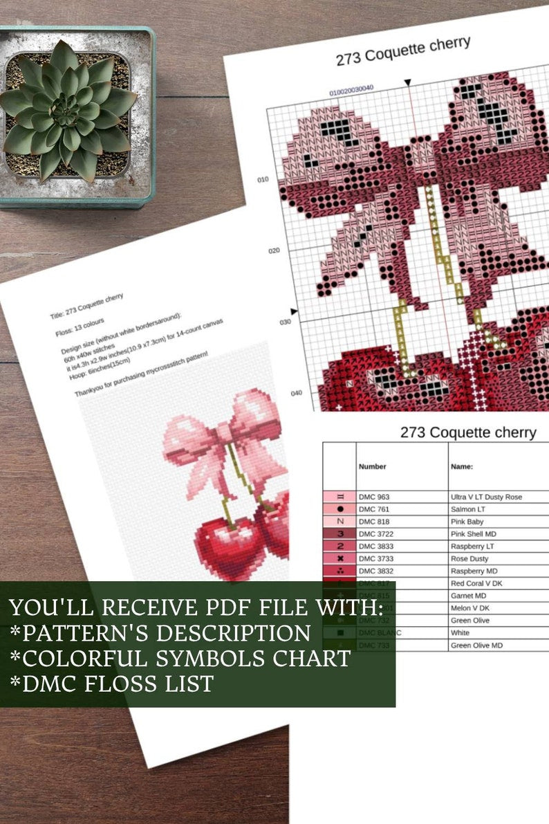 EarMakers Cute Cherry Bow Cross stitch pattern PDF, Coquette Aesthetic Trendy Small Female Girly, Spring Summer, Modern xstitch, Digital download