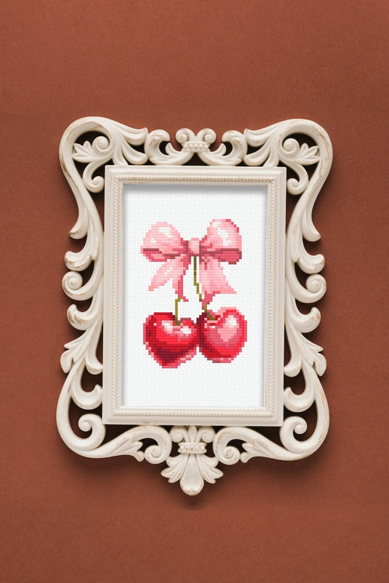 EarMakers Cute Cherry Bow Cross stitch pattern PDF, Coquette Aesthetic Trendy Small Female Girly, Spring Summer, Modern xstitch, Digital download